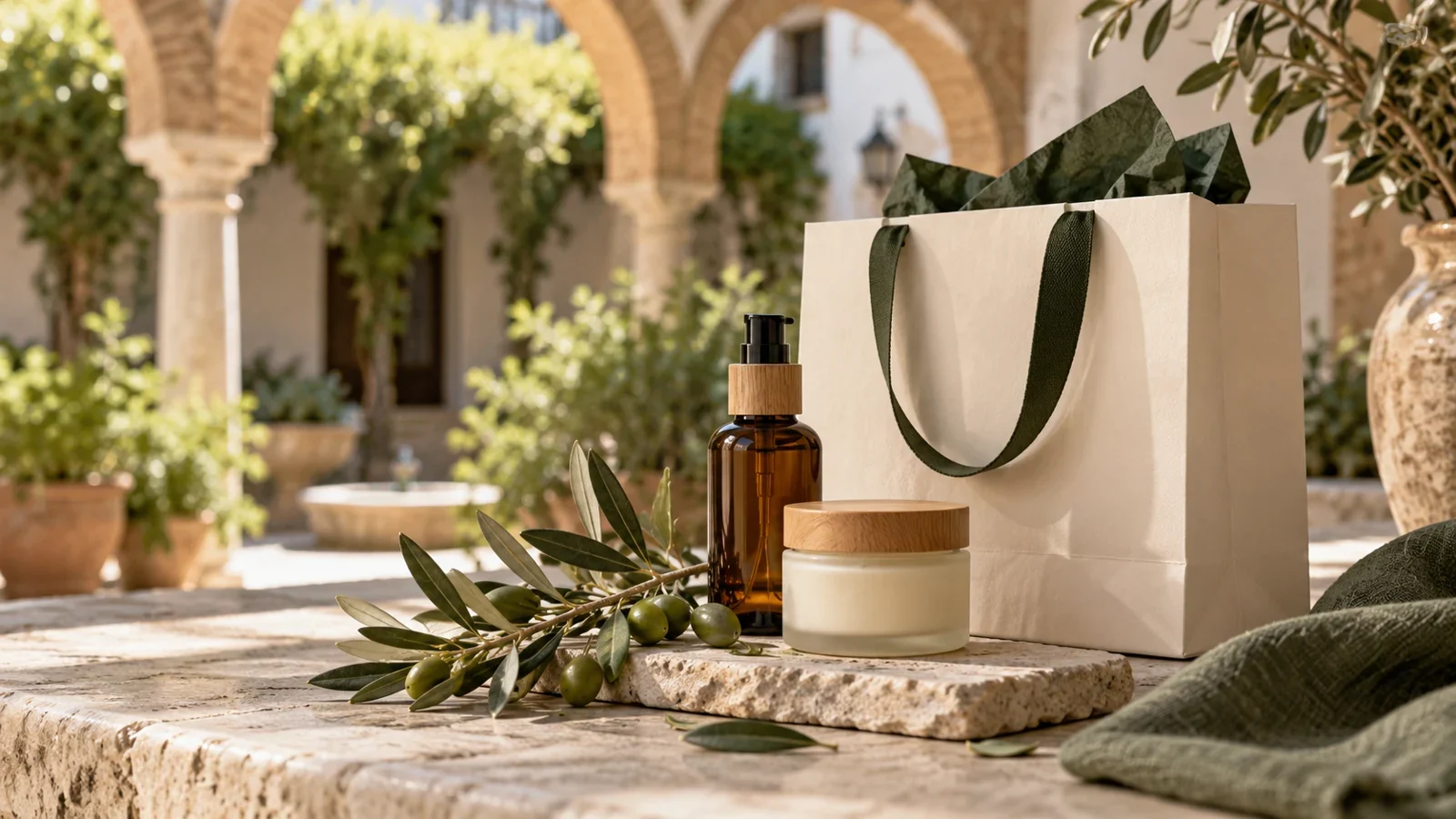 Cosméticos y bolsa de compra junto a un patio andaluz