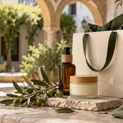 Cosméticos y bolsa de compra junto a un patio andaluz