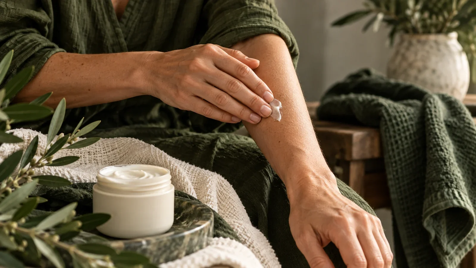 Aplicación suave de crema hidratante sobre el antebrazo