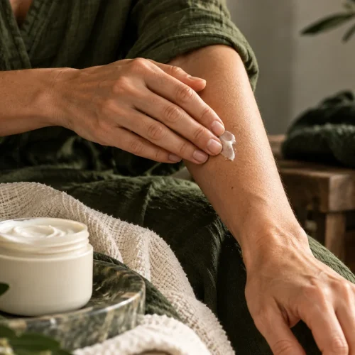 Aplicación suave de crema hidratante sobre el antebrazo