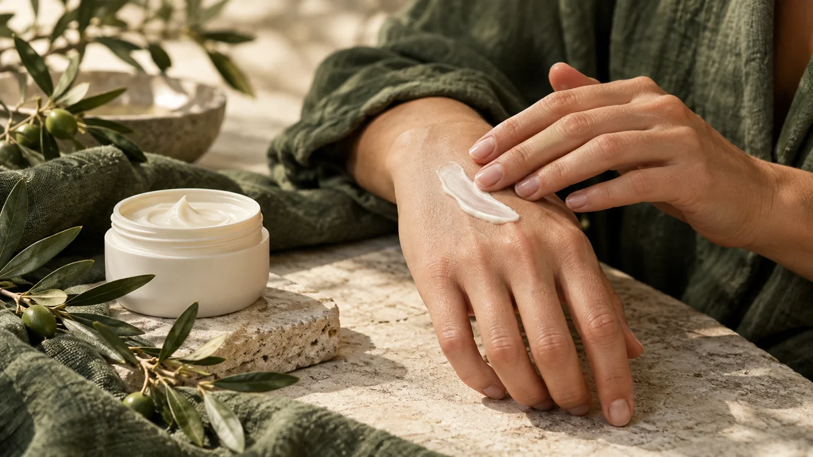 Aplicación de crema hidratante en el dorso de la mano