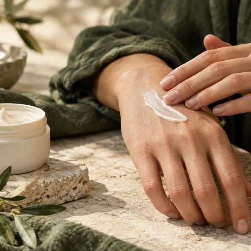 Aplicación de crema hidratante en el dorso de la mano